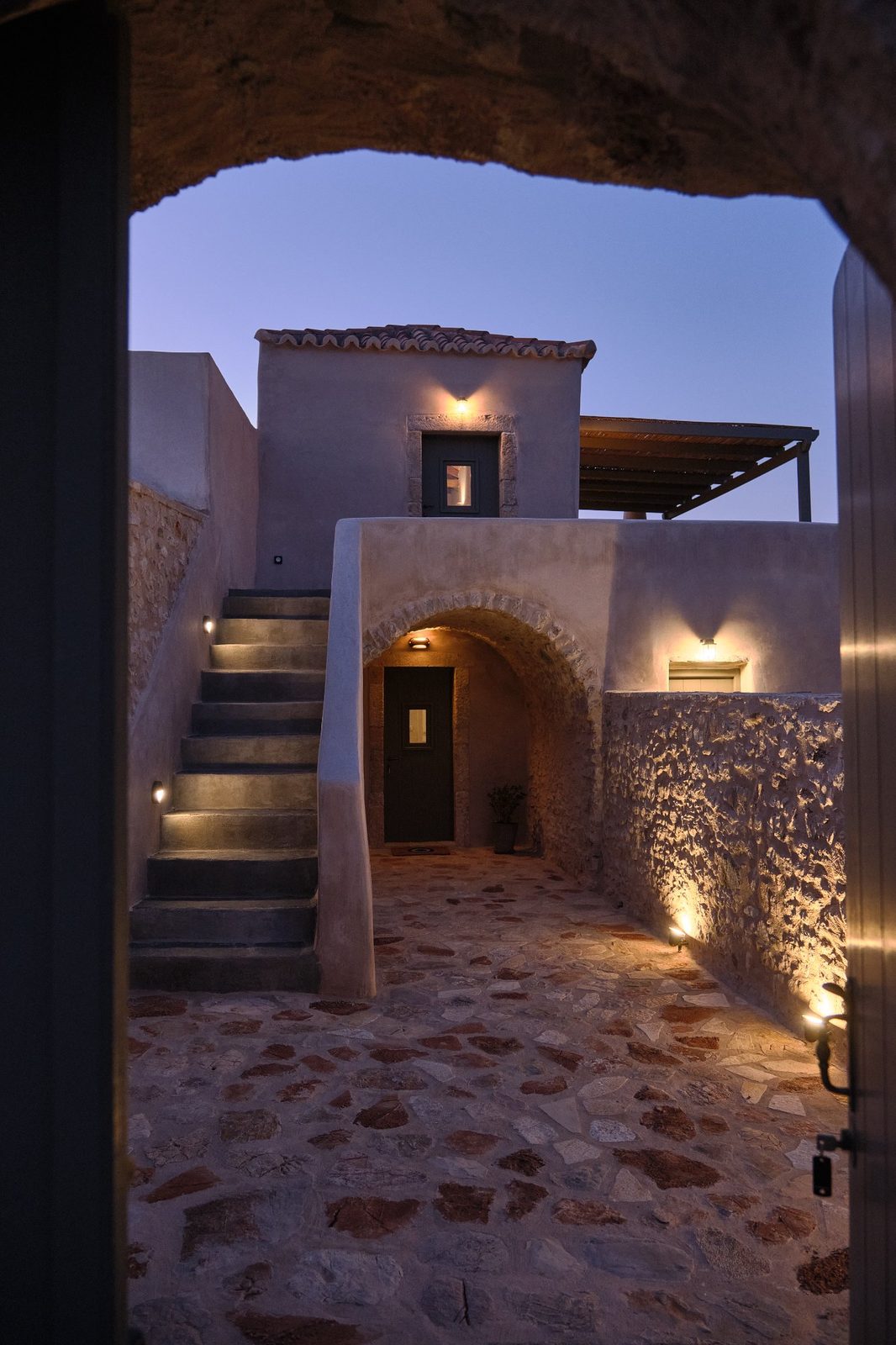 Evening entrance with atmospheric lighting